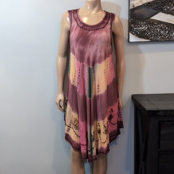 India Boutique Tie Dye Rayon Dress Umbrella Cover Up Embroidered Sleeveless O/S - Picture 2 of 16
